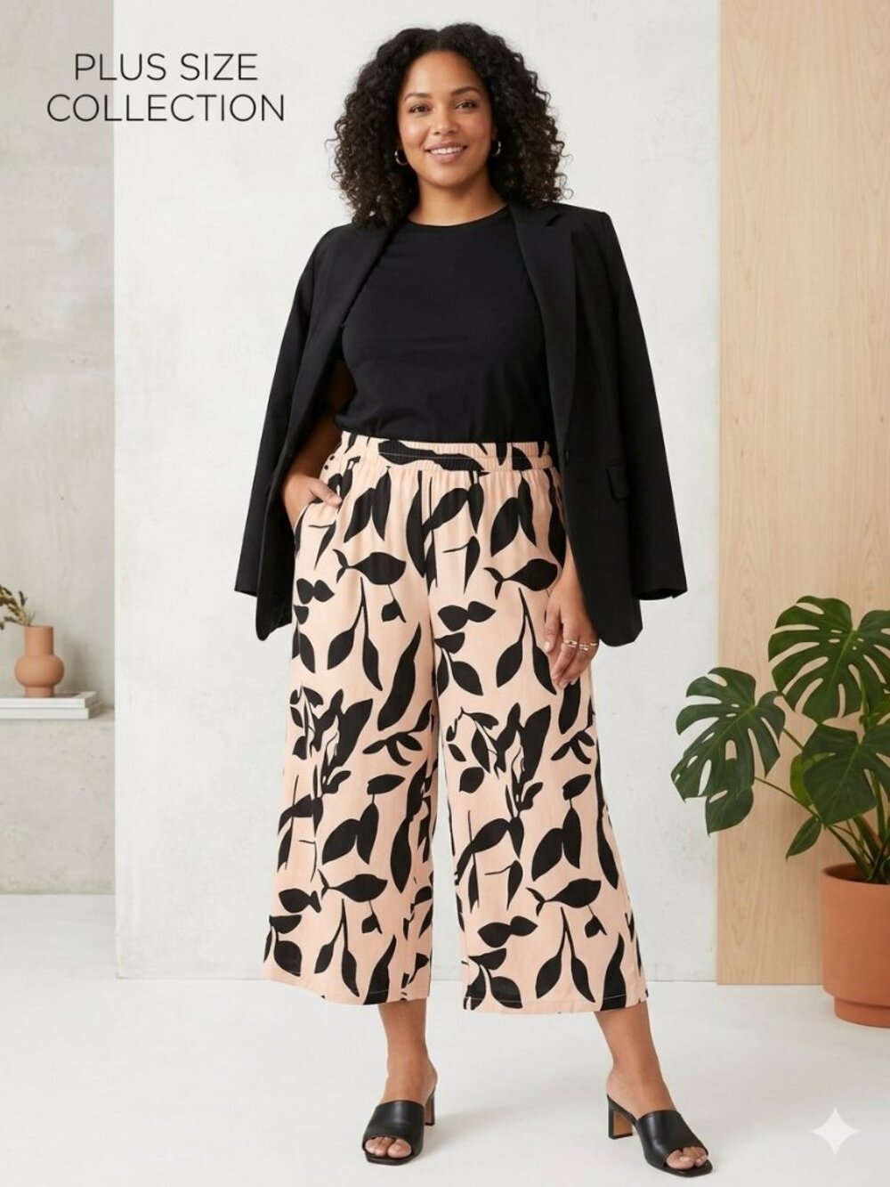 SHEIN Curve Black Leaf Print Palazzo Pants Pink 4X